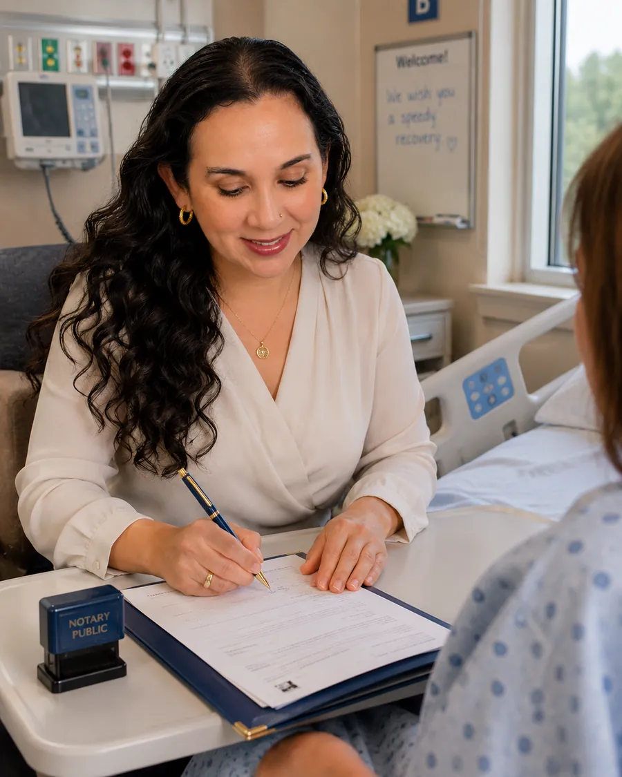 Linda Ramos, a mobile notary public, seated at a hospital bedside helping a patient sign a document.