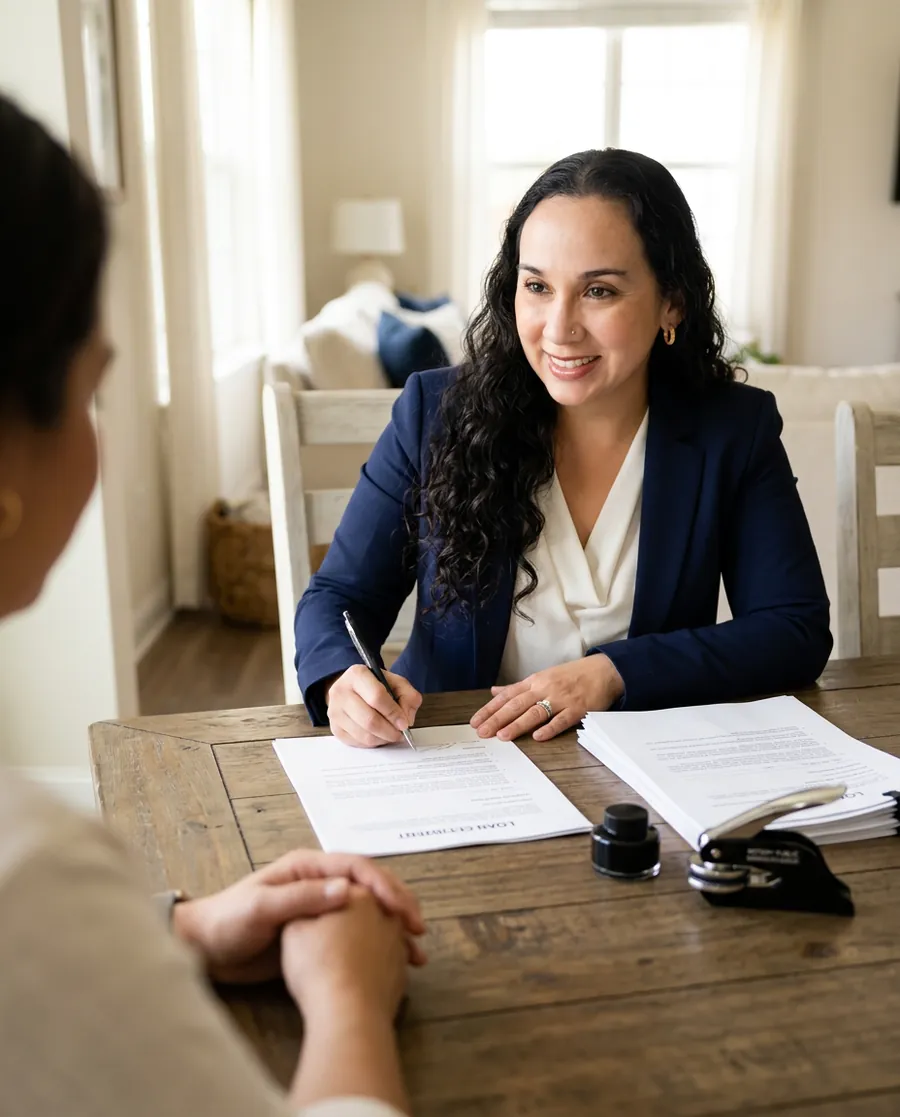 Linda Ramos signing loan documents at a client's dining table in a Northern Virginia home.