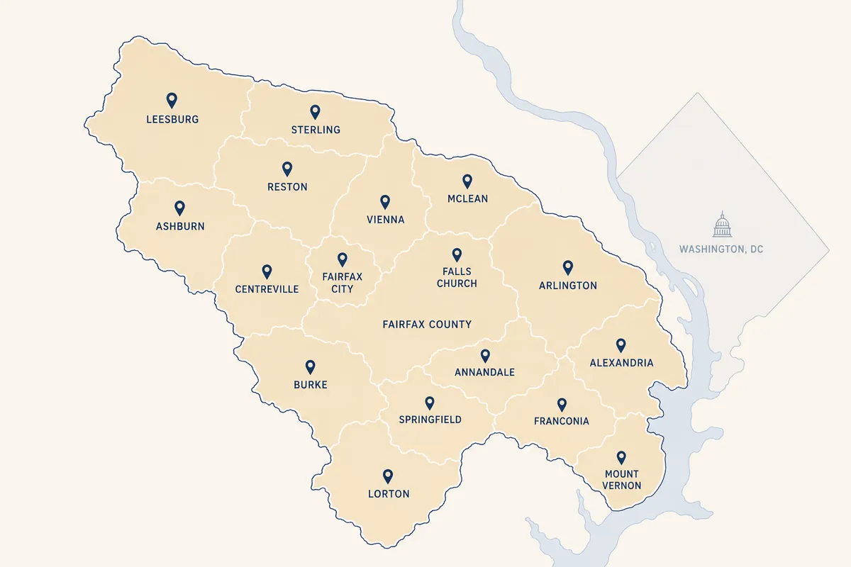 Map of NoVa Notary Co. service area covering Northern Virginia, including Alexandria, Arlington, Fairfax, and surrounding towns.
